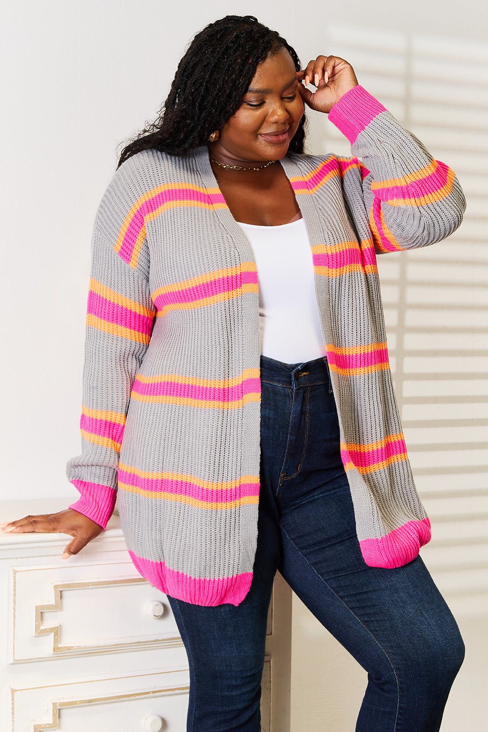 Woven Right Ribbed Long Sleeve Cardigan - StyleLure