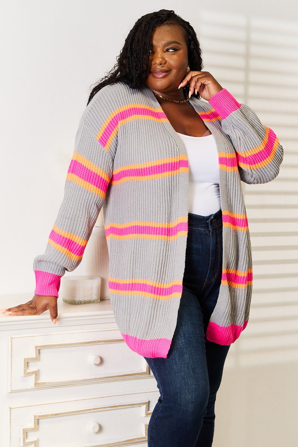 Woven Right Ribbed Long Sleeve Cardigan - StyleLure