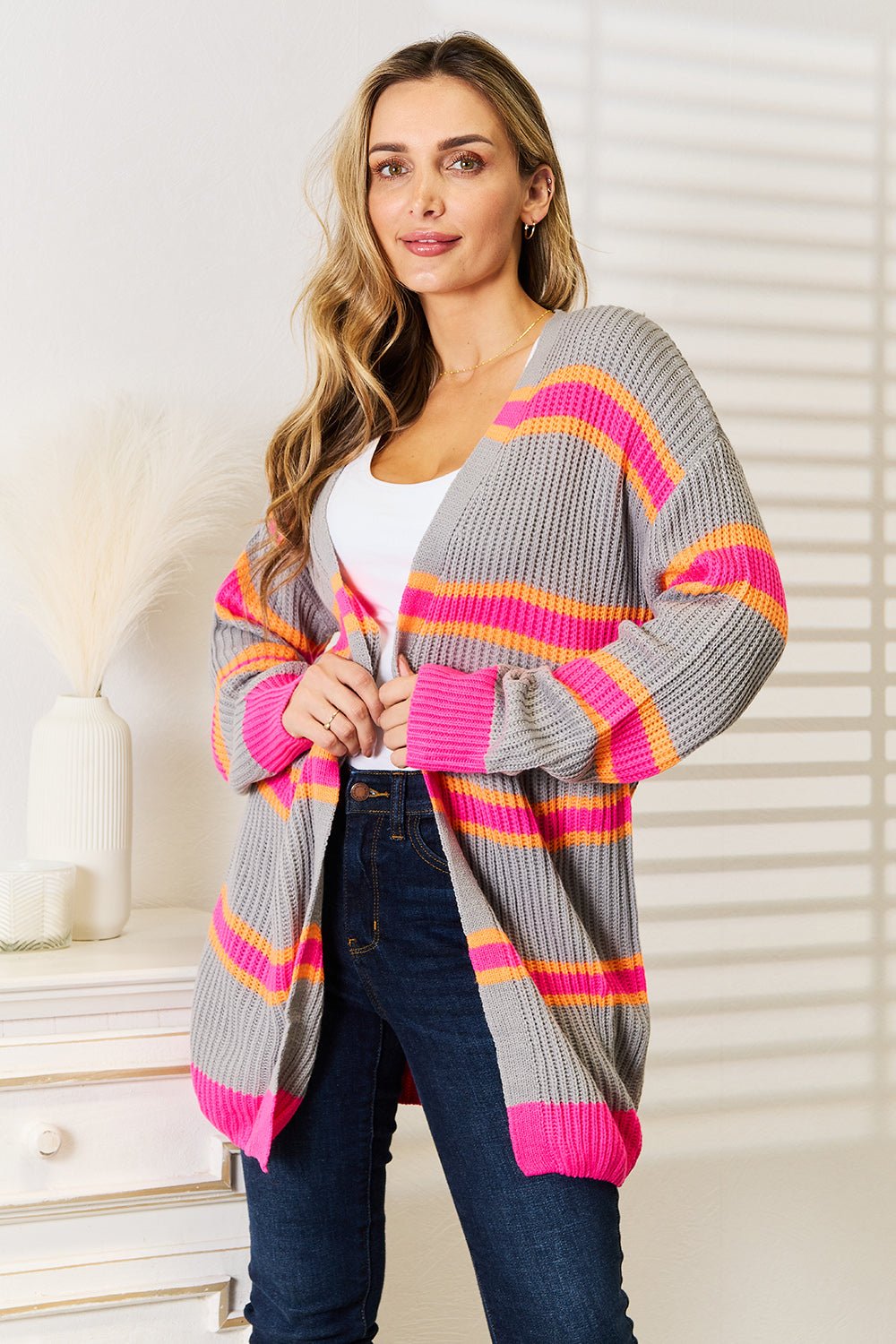 Woven Right Ribbed Long Sleeve Cardigan - StyleLure