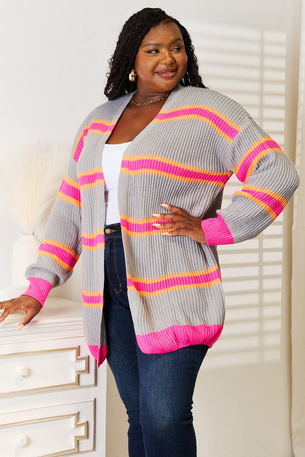 Woven Right Ribbed Long Sleeve Cardigan - StyleLure